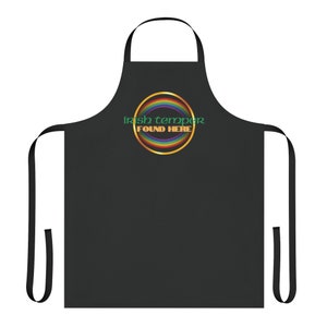 May include: Black apron with a rainbow circle and the text "Irish temper found here" in green.