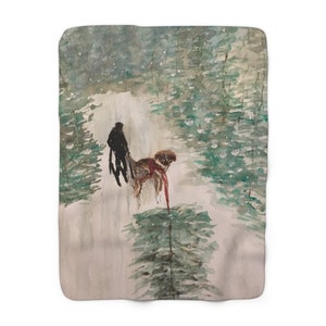 Skier Dog Pulling Tree Sherpa Fleece Blanket, Custom Artwork, Seasonal Decor, Cozy, Winter, Holidays, Snow, Christmas, Warm