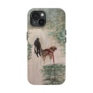 Custodie per telefoni resistenti con cane sciatore che tira l'albero, custodie per iPhone e Samsung, ricarica wireless, pini, neve, opere d'arte originali, regali, Natale