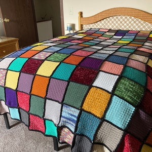 Hand crocheted Afghan blanket/coverlet, handmade in Appalachia, very sturdy construction w/quality yarns, colorful squares, beautiful, warm