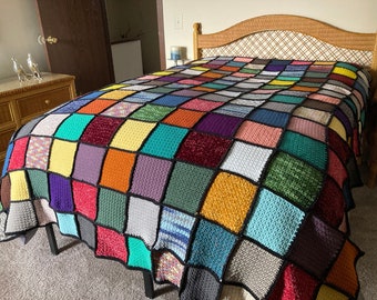 Hand crocheted Afghan blanket/coverlet, handmade in Appalachia, very sturdy construction w/quality yarns, colorful squares, beautiful, warm