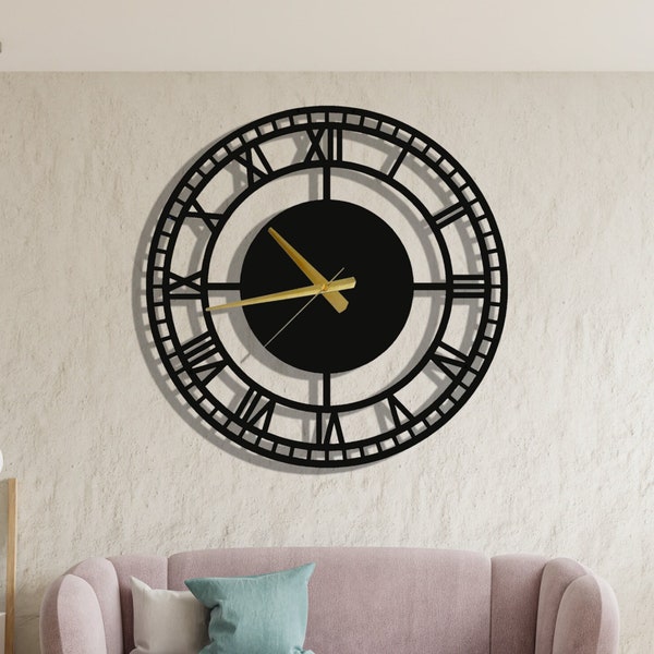 Metal Wall Clock, Oversize Wall Clock, Unique Circle Wall Clock, Silent Metal Extra Large Clocks, Roman Numerals Wall Clock