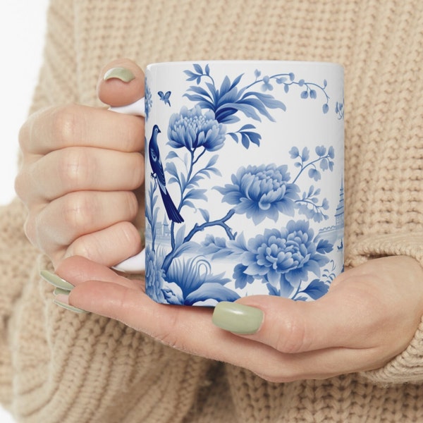 Chinoiserie Blue and White Porcelain Chinese Landscape Coffee Mug Tea Mug Unique Decorator Mug Gift for Her Gift for Mom or Girlfriend