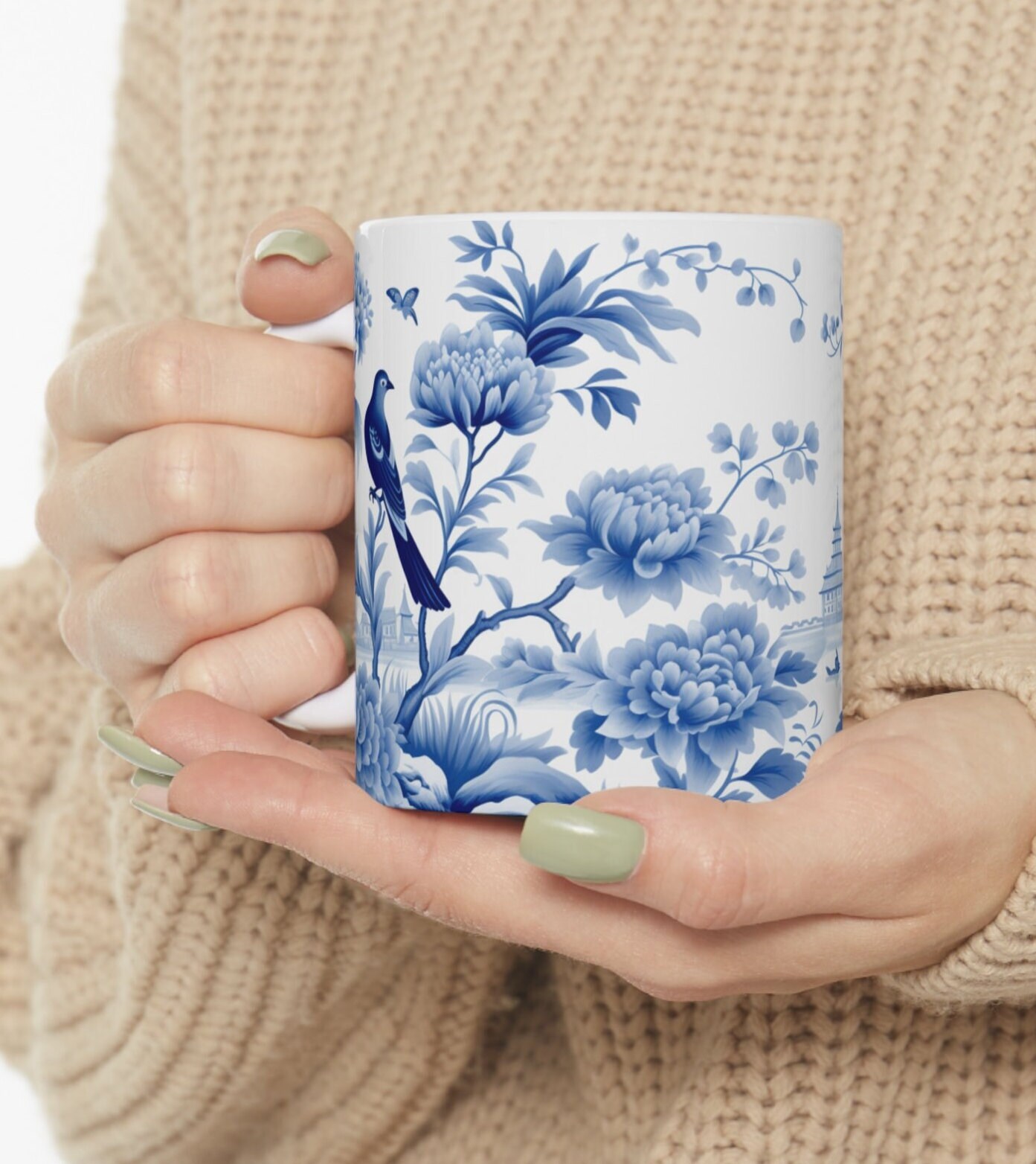 Blue and White China Travel Coffee Mug Insulated Hand Painted Porcelain  Roses