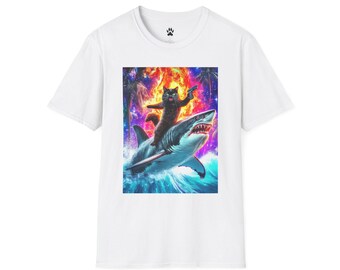 Black Cat Riding Shark T-Shirt, Funny Graphic Tee