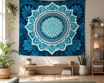Blue Lotus Mandala Tapestry, Teal Boho Wall Hanging, Spiritual Yoga Decor, dorm room