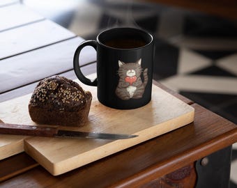 Striped Tabby Cat Mug, Heart Design, Black Glossy Ceramic Mug