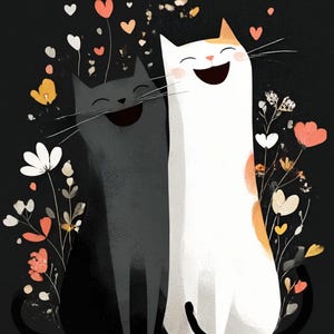 May include: Illustration of two smiling cats, one gray and one white with orange accents, against a black background. Floral elements and heart shapes float around the cats, creating a cheerful and whimsical scene.