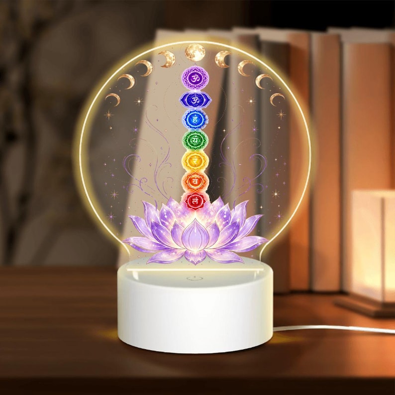 Lámpara nocturna Chakra Lotus, lámpara acrílica de siete brazos, decoración para sala de meditación, luz para altar de yoga. imagen 1