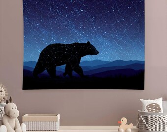 Bear Constellation Tapestry, Celestial Bear Wall Hanging, Starry Mountain Decor, Blue Wildlife Tapestry, 40x30 or 80x60