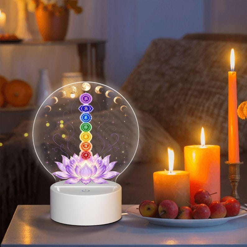 Lámpara nocturna Chakra Lotus, lámpara acrílica de siete brazos, decoración para sala de meditación, luz para altar de yoga. imagen 3