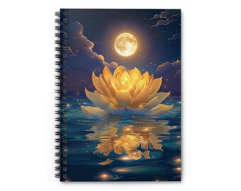 Cuaderno espiral Loto a la luz de la luna, Escena nocturna serena, Loto flotando en el agua, Diario espiritual