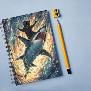 May include: A black cat riding a shark in a galaxy-themed spiral. The notebook cover features a colourful galaxy background with stars and swirling colours.