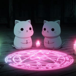 May include: Illustration of two white cat-like figures with black eyes and small noses, either side of a glowing pink pentagram. Lit candles in various colours surround them, creating a mystical atmosphere.