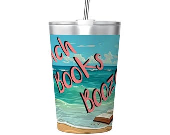Beach Books Booze Stainless Steel Cup, 12oz Summer Reading Tumbler with Lid and Straw