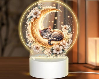 Sleeping Kitten Crescent Moon Night Light, Celestial Nursery Decor, Cat Lover Acrylic Lamp