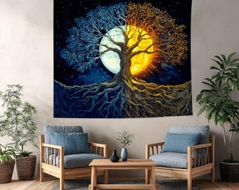 Tree of Life Tapestry, Celestial Sun Moon Wall Hanging, Spiritual Boho Decor