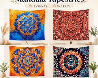 Blue and Gold Solar Mandala Tapestry – Sacred Geometry Wall Art