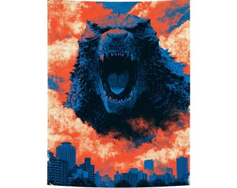Godzilla Tapestry, Kaiju Monster Decor, Urban Destruction Wall Art
