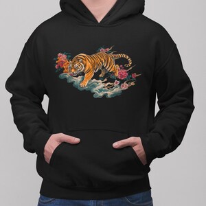 Oversized hoodie met tijgertattoo bloemen | Uniseks streetwear-kunstgeïnspireerd grafisch sweatshirt