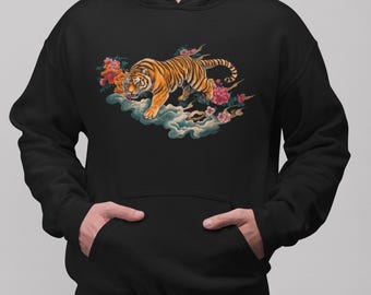 Oversized Tiger Tattoo Floral Hoodie | Unisex Streetwear Art-Inspired Graphic Sweatshirt