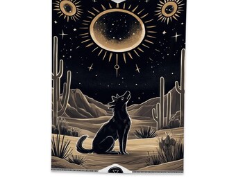 Mystical Desert Coyote Tapestry - 60x80 Southwestern Boho Wall Hanging with Celestial Moon Art