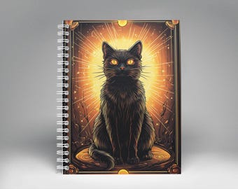Spiral Notebook with Cat Tarot Card Print - Witchy Cat Lover Gift