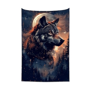 Wolf Tapestry: Rustic Forest Scene, Nature Inspired Wall Art (60x40)