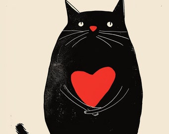 Puede incluir: Un gato negro con un corazón rojo en sus patas. El gato está mirando hacia arriba y tiene un diseño simple y de dibujos animados.