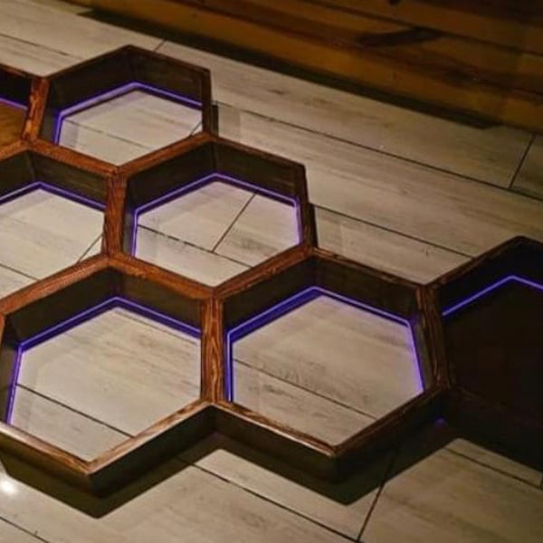 Amazing Hexagon Floating Shelves with LED Lights & Push Button CUSTOM Color of Wood and Lights to Fit Any Style! Functional Wall Art