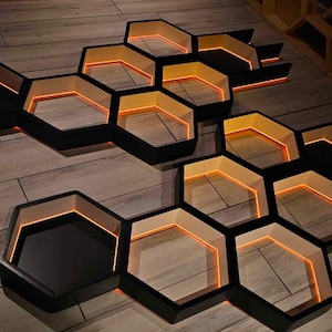 Amazing! Hexagon Floating Shelves with LED Lights & Push Button CUSTOM Wood Color and Lights to Fit Any Style! Functional Wall Art