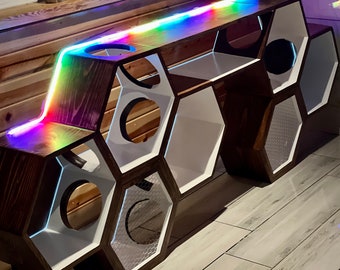 Beautiful Cat Tower Cat Cot Handcrafted Hexagon Floating Shelves Made with Real Wood and LED Lights Cat Bed Custom Cat House with RGB lights