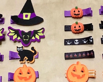 Halloween Baby Barrettes: Pumpkin, Witch, Bat, Cat, No-Slip Hair Clips