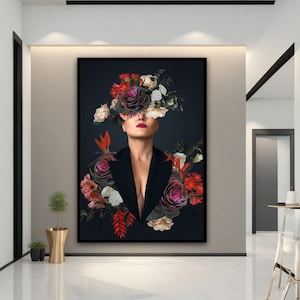 Flower face woman wall art, Woman with flower head canvas print, Flower woman modern wall art, woman canvas print,