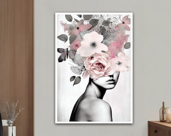 Abstract flower woman modern wall art, woman with flower head canvas painting, abstract woman canvas print, abstract flower woman wall art