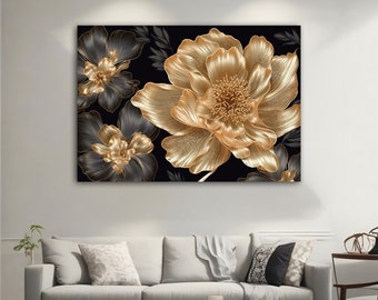 Gold flower modern canvas, gold flower abstract wall art, gold flower poster, soft gold flower canvas, gold flower wall art, flower painting