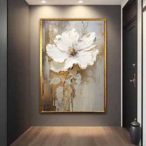 Tela moderna con fiori bianchi, arte murale astratta con fiori bianchi, poster di fiori bianchi, stampa su tela con fiori bianchi incorniciata, morbida tela di fiori bianchi