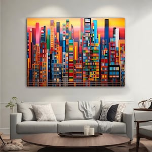 Colorful city view canvas, city view canvas wall art, colorful city landscape canvas, city landscape canvas print, city landscape poster,