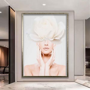 White flower woman modern wall art, woman with flower head canvas painting, abstract woman canvas print, abstract flower woman wall art,