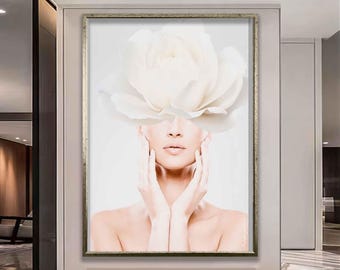 Witte bloem vrouw moderne muurkunst, vrouw met bloem hoofd canvas schilderij, abstracte vrouw canvas print, abstracte bloem vrouw kunst aan de muur,