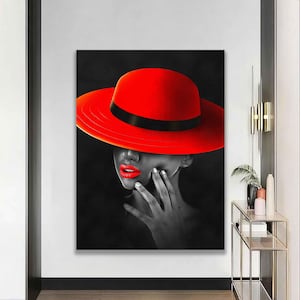Oeuvre d'art murale femme au chapeau rouge, toile femme au chapeau rouge, oeuvre d'art murale femme au chapeau rouge, oeuvre d'art sur toile femme, toile moderne, toile rouge à lèvres,