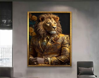 Boss leeuw canvas, dierlijk canvas, canvas kunstmatige intelligentie, leeuw moderne muurkunst, Al-gegenereerde leeuwkunst, gouden leeuw kunst aan de muur,
