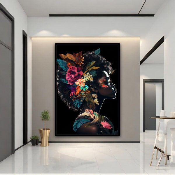 Arte de pared de lienzo de mujer africana y flores, arte de pared de lienzo étnico, decoración de pared étnica, lienzo de mujer africana y flores, lienzo étnico de mujer,