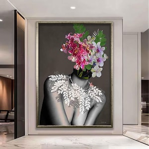 Flower woman modern wall art, woman with flower head canvas painting, abstract woman canvas print, abstract flower woman wall art
