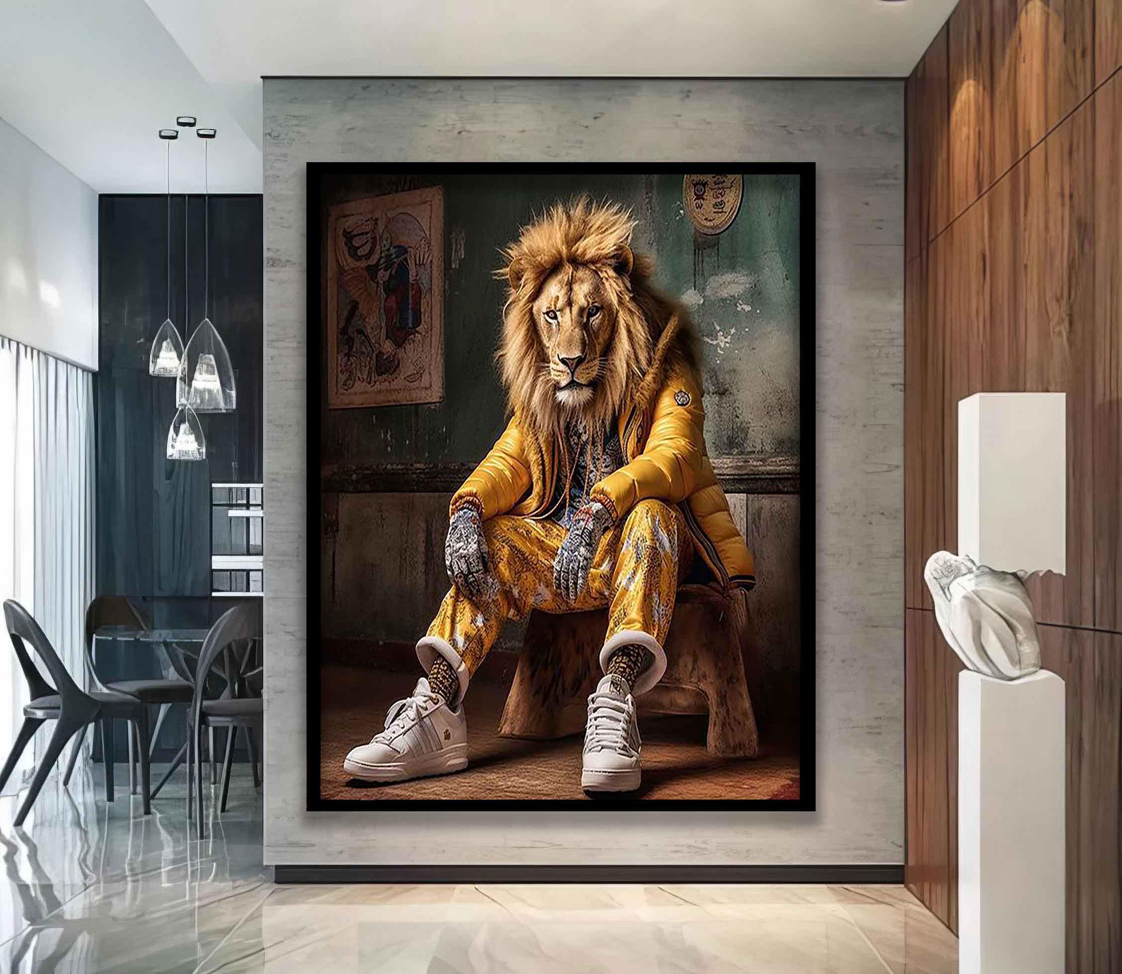 Interessante dierencanvasschilderij, canvas met kunstmatige intelligentie, leeuw moderne muurkunst, Al-gegenereerde leeuwkunst, leeuwkunst aan de muur,