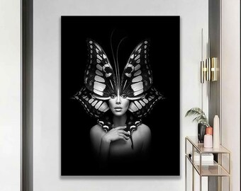 Vrouw en vlinder moderne muurkunst, vrouw moderne canvasafdruk, vlinder modern canvas, Al-gegenereerd canvas, Al-gegenereerd vrouw kunst aan de muur,
