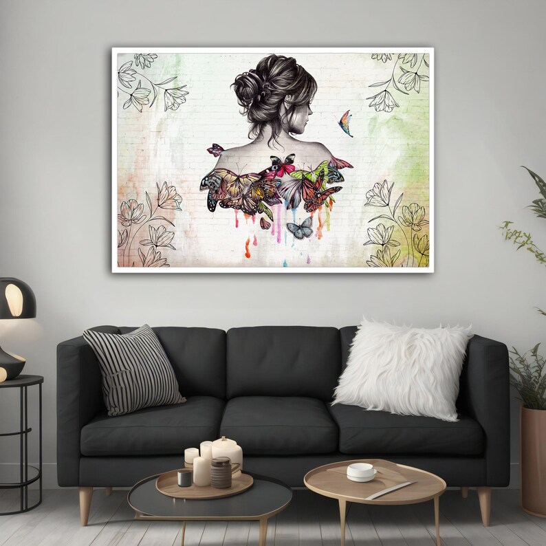 Woman and Butterfly Modern Wall Art, Modern Woman Canvas Print, Modern Woman Canvas, Woman Wall