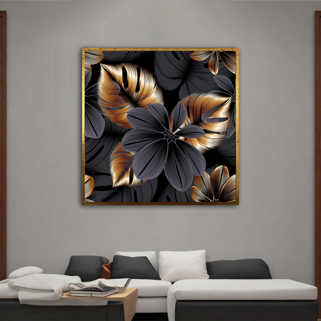 Black and Gold Leaf Modern Canvas, Leaf Abstract Wall Art, Leaf Poster, Leaf Canvas, Black and ...