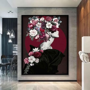Flower woman wall art, woman with flower head canvas painting, abstract woman canvas print, flower woman wall art, Al- Generated canvas,