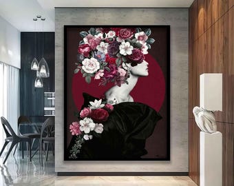 Bloemenvrouw kunst aan de muur, vrouw met bloemhoofd canvas schilderij, abstracte vrouw canvasprint, bloemenvrouw kunst aan de muur, Al-gegenereerd canvas,